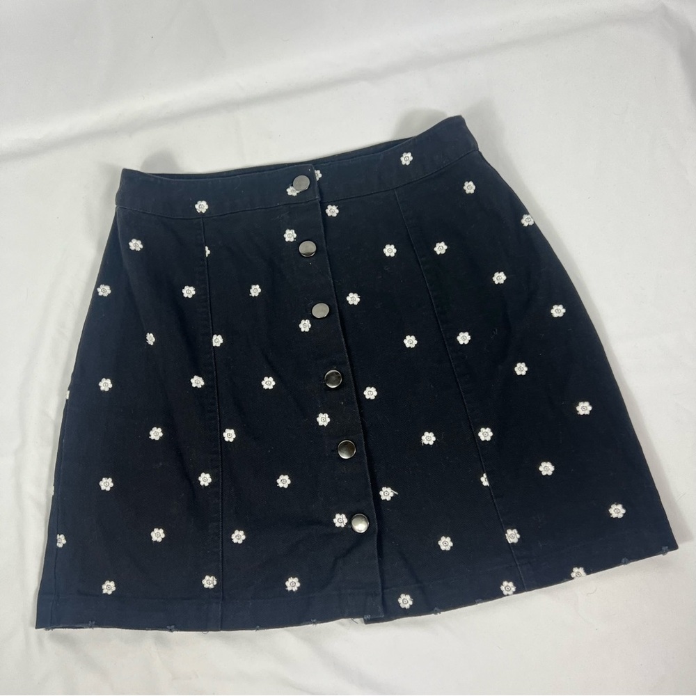 Black Denim Floral Embriodered Button-Up Mini Skirt